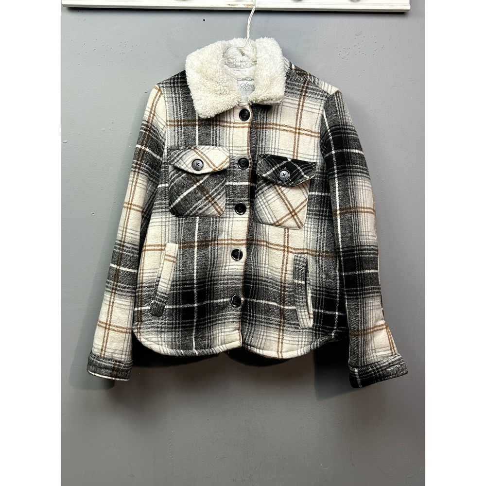 Special One Plaid‎ Sherpa Collar Jacket Women's S Black Tan Button Up Coat